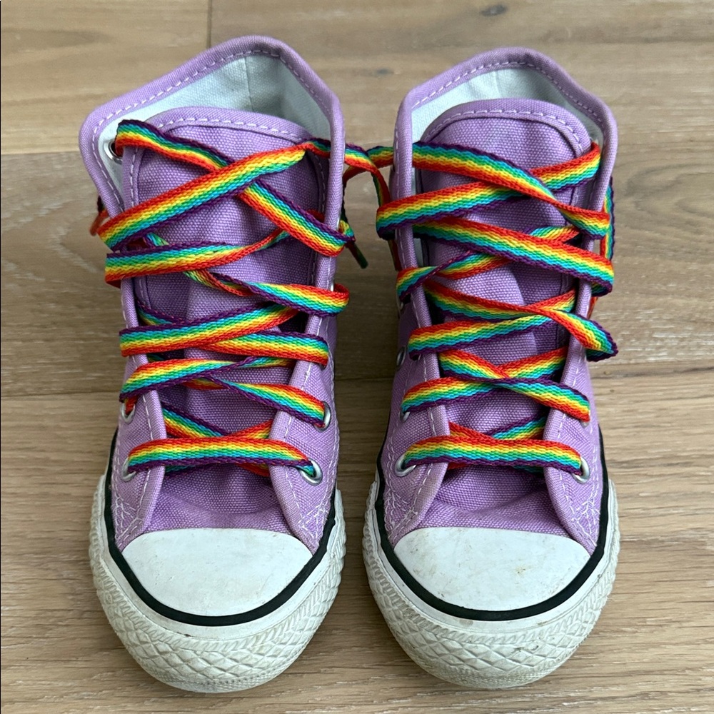 Kids Converse 
Purple Sneakers with Rainbow Laces